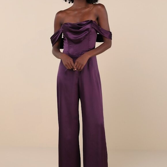 Lulus Unbelievable Aura Dark Purple Satin Off-the-shoulder Jumpsuit - Size M - Picture 1 of 1